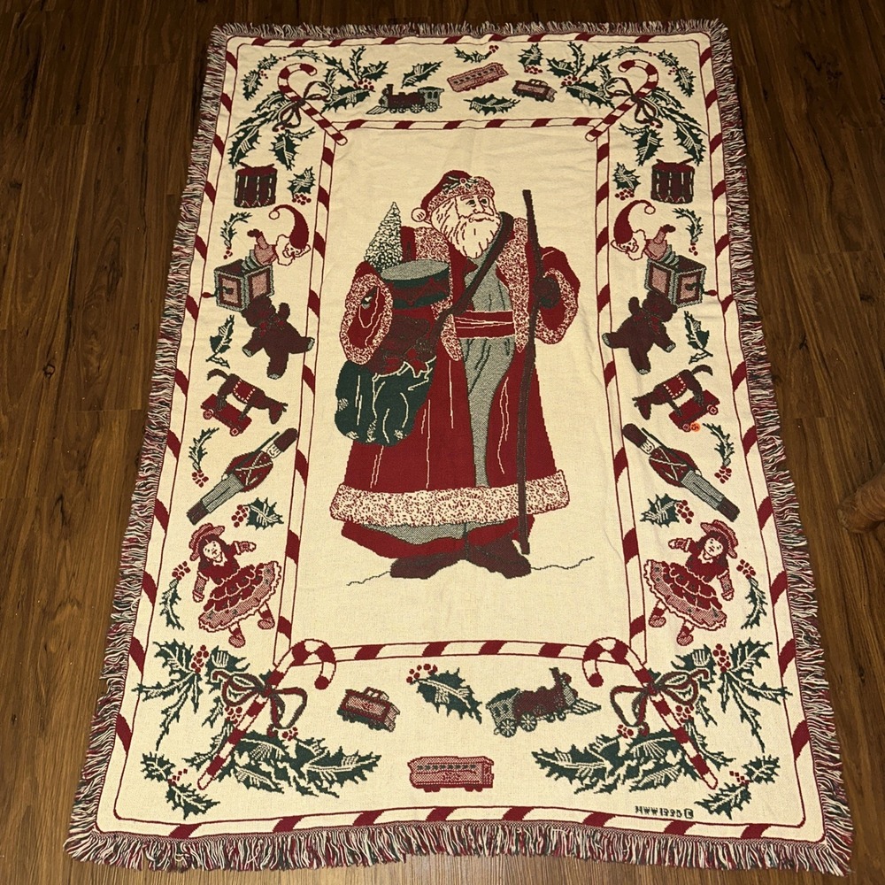 Christmas Holiday Reversible Throw Blanket Woven Tapestry Santa Claus 48x72 VTG